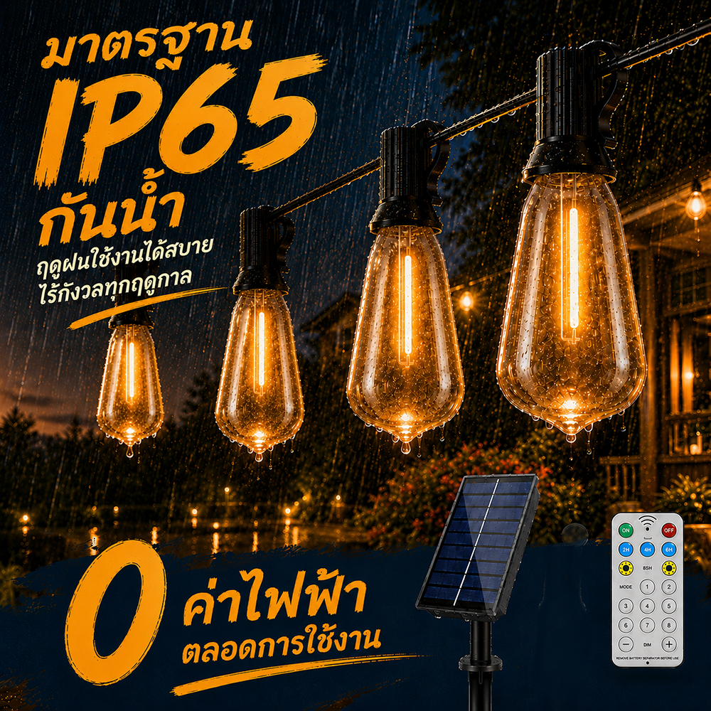 Lumival Solar ไฟสตริงโซล่าเซลล์ ST38 ไฟวินเทจLED หลอดไฟ ไฟปิงปอง ไฟประดับสวน ประหยัดมาก ทนแดด IP65 กันน้ำ เหมาะสำหรับภายนอกอาคาร