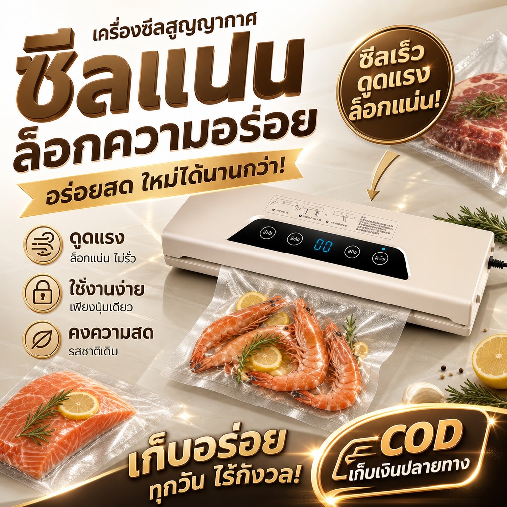 เครืองซีลสูญญากาศ ใช้งานได้ทั้งแห้งและเปียก ถนอมอาหารได้นาน เก็บสด คงความอร่อย ไม่เหม็นหืน เหมาะกับเนื้อสัตว์และผัก ใช้งานต่อเนื่องหลายชั่วโมง  COD