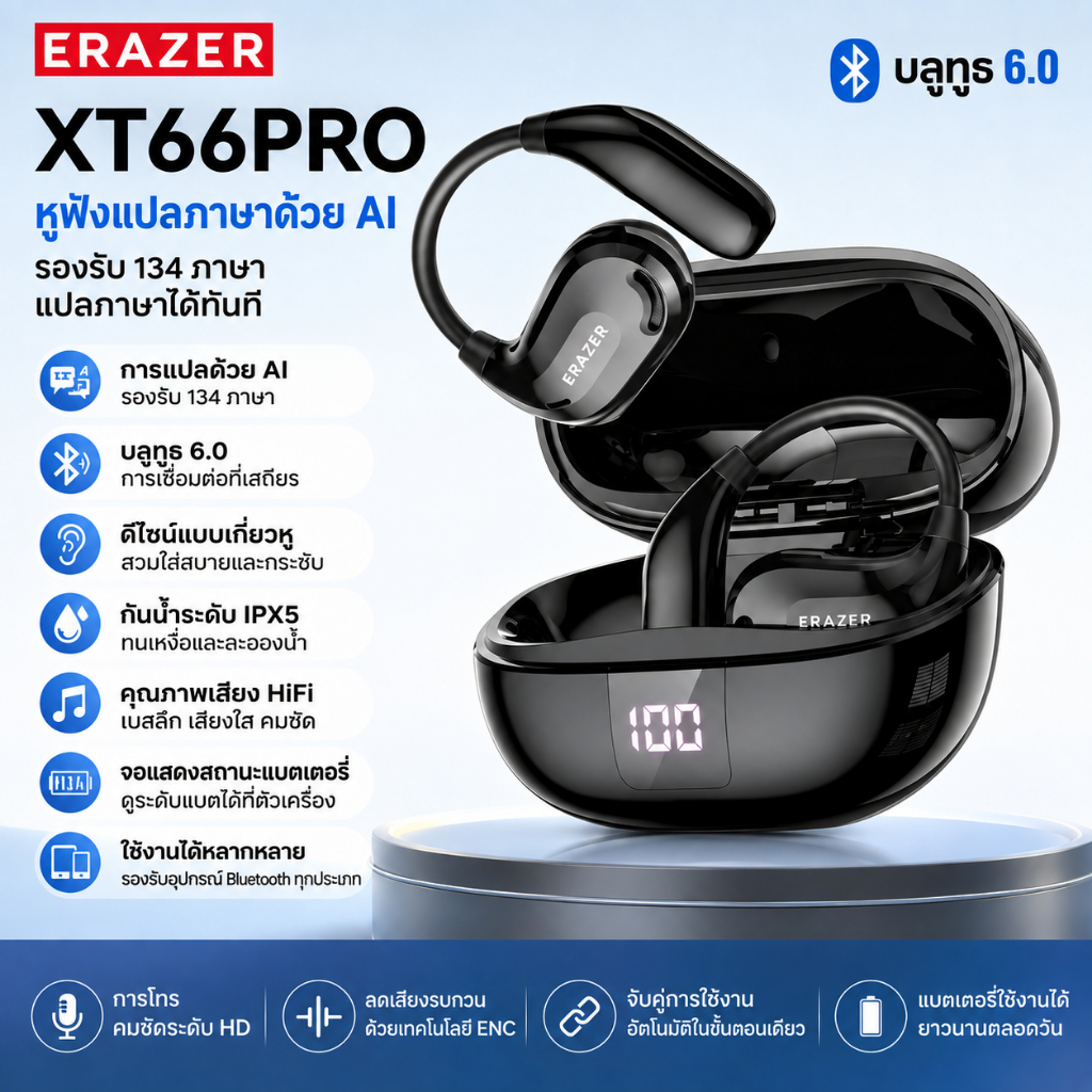 รับประกันสองปี Lenovo ERAZER XT66Pro หูฟังแปลภาษาAI หูฟังบลูทูธ ไฮไฟสเตอริโอ การโทรแบบ HD IPX5กันน้ำ