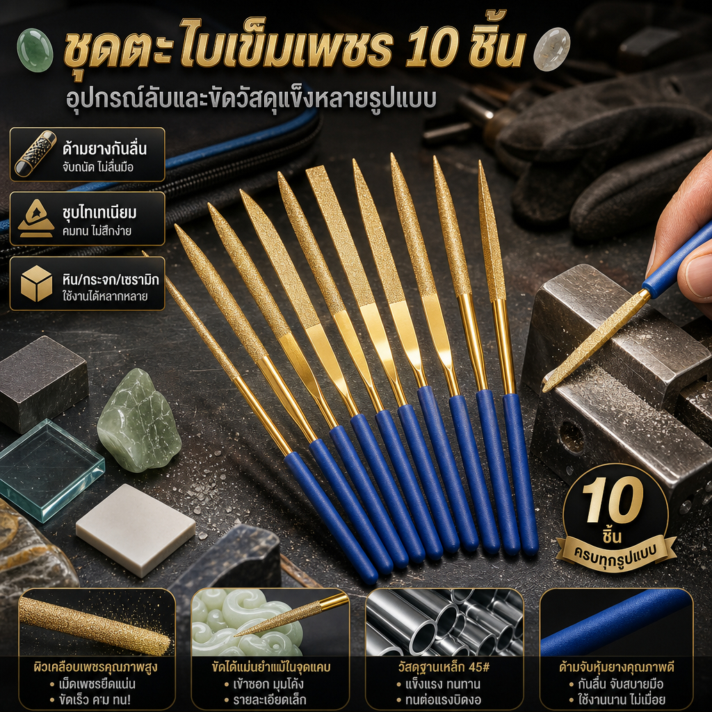 10ชิ้นเพชรไฟล์มือเครื่องมือแบบพกพาขนาดเล็กเพชรเข็มไฟล์ชุดสําหรับแก้วโลหะผสม ตะไบเพชร ตะไบเข็ม Diamond Needle File ชุดตะไบขัด ตะไบขัดหิน อัญมณี กระจก
