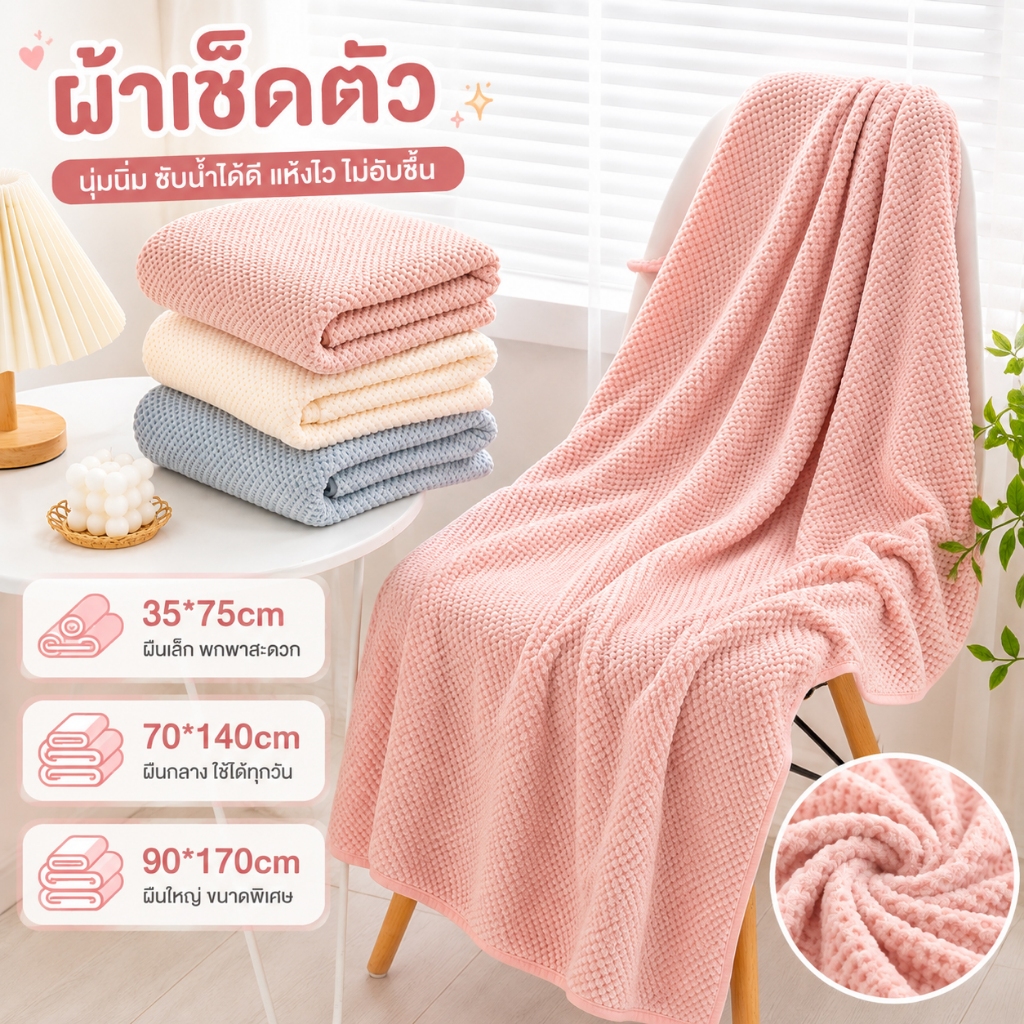 ผ้าเช็ดตัว ผ้าขนหนูรังผึ้ง 90*170cm เนื้อผ้านุ่ม ซับน้ำได้ดี ขนไม่หลุด รังผึ้ง ผ้าเช็ดตัวผืนใหญ่