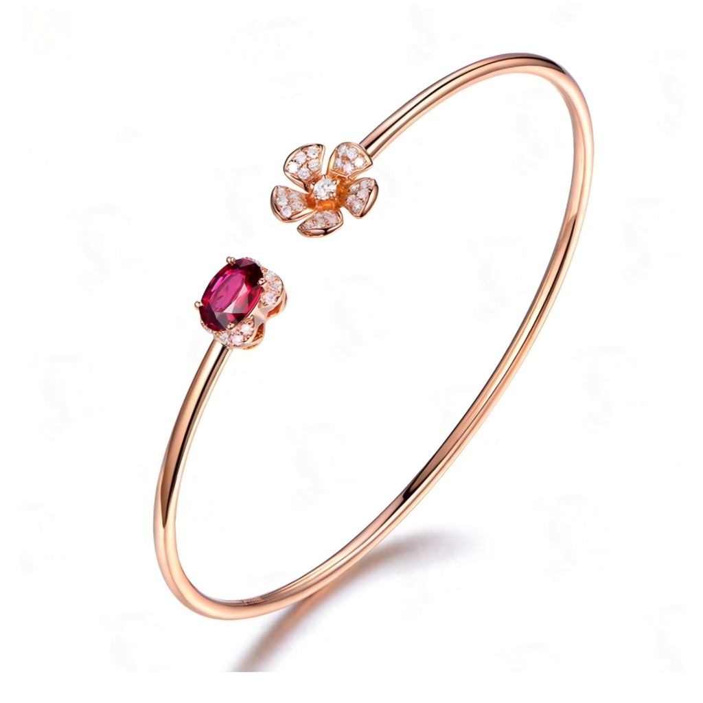 กำไลข้อมือเปิดปลายดอกไม้ ชุบทอง18K ฝังพลอยสีแดงเทียมและเพชรเทียม เครื่องประดับผู้หญิงหรูหรา ใส่ไปงานแต่ง ของขวัญวันเกิดให้แฟน ราคาส่ง