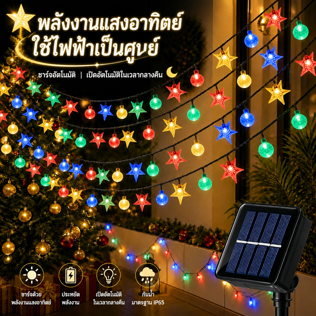 ไฟคริสต์มาสโซล่าเซลล Star & Crystal Ball  ไฟ IP65 กันน้ํา, 8 โหมดแสง ไฟประดับ ไฟคริสต์มาส, กันลมทนความร้อนสําหรับลานสวนต้นไม้วันหยุดตกแต่งคริสต์มาส