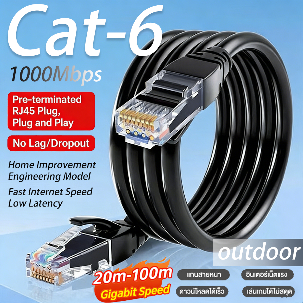 สายแลน CAT6 สาย LAN 20m~100m UTP Gigabit สายเคเบิลเครือข่ายอีเธอร์เน็ต RJ45 1Gbps 100-1000Mbps / 1Gbps สำหรับ แล็ปท็อป เราเตอร ความเร็วสูง สำหรับแลปท็อป อินเตอร์เน็ต เราเตอร์