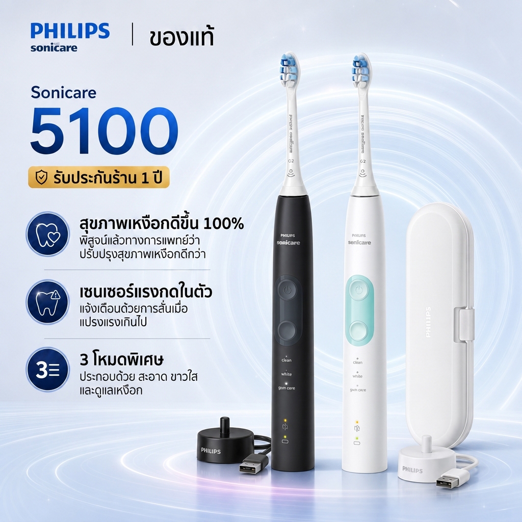 Philips Sonicare 5100丨 ProtectiveClean 5100丨 แปรงสีฟันไฟฟ้าแบบชาร์จไฟได้ HX6857/30