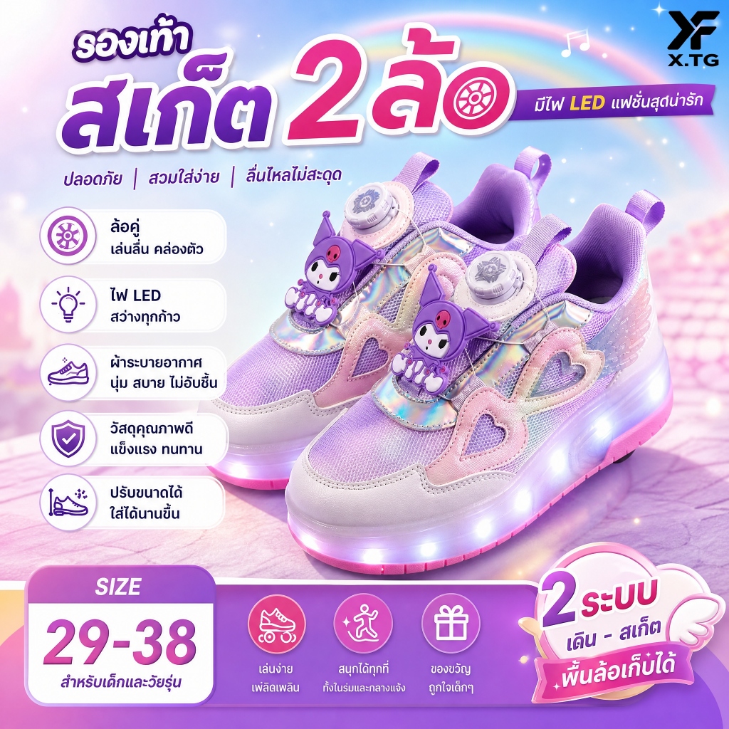 รองเท้าเจ้าหญิง Kuromi Roller Skates VPRE Pulley ถอดออกได้ LED คู่ล้อ มั่นคงปลอดภัย สำหรับสาวน้อย กีฬาสนุกสนาน