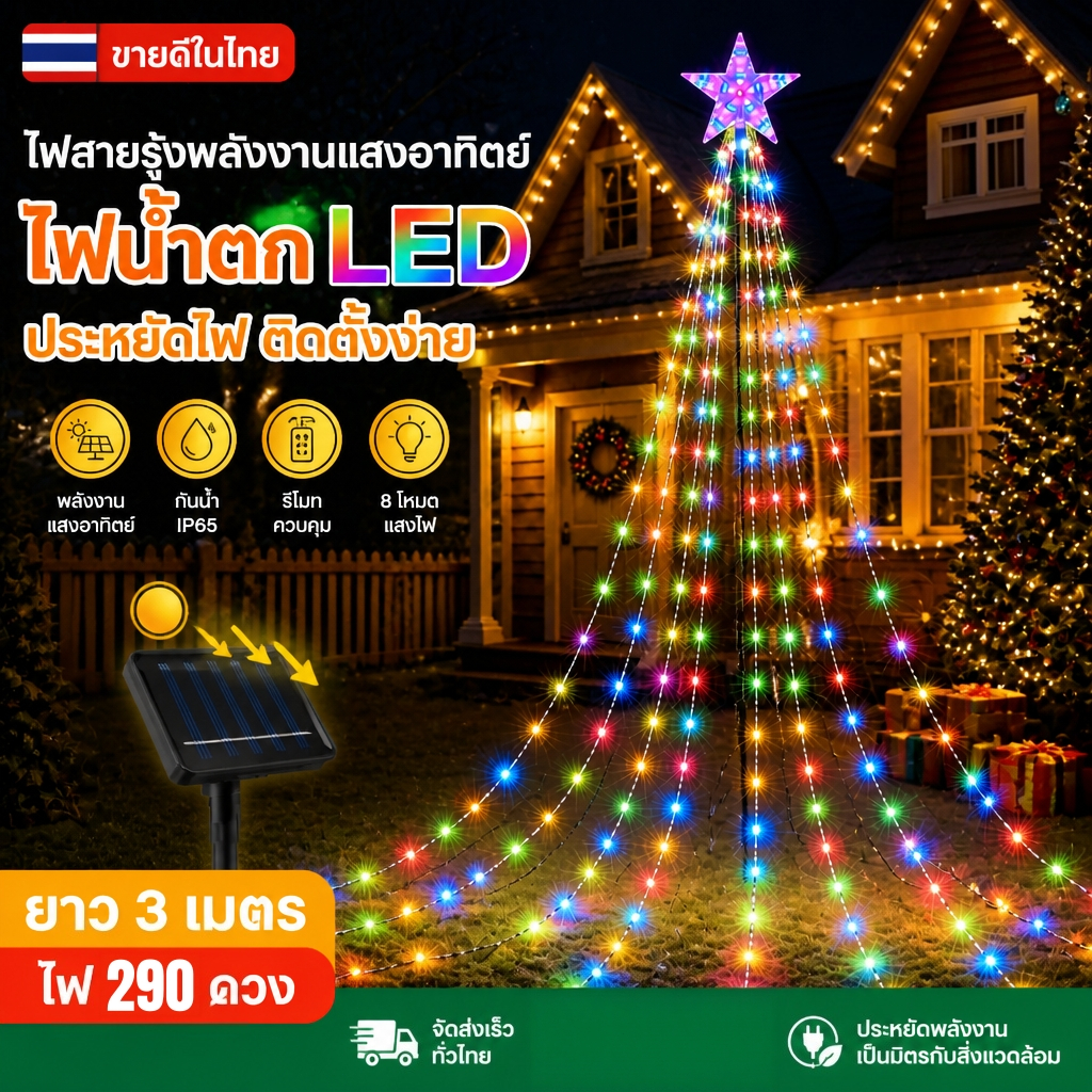 ไฟ LED พลังงานแสงอาทิตย์น้ําตก 3M 290LED, 8 โหมดแสง IP65 กันน้ําพร้อมรีโมทคอนโทรล,Multicolor Star Topper String Light สําหรับสวนกลางแจ้งตกแต่งคริสต์มาส