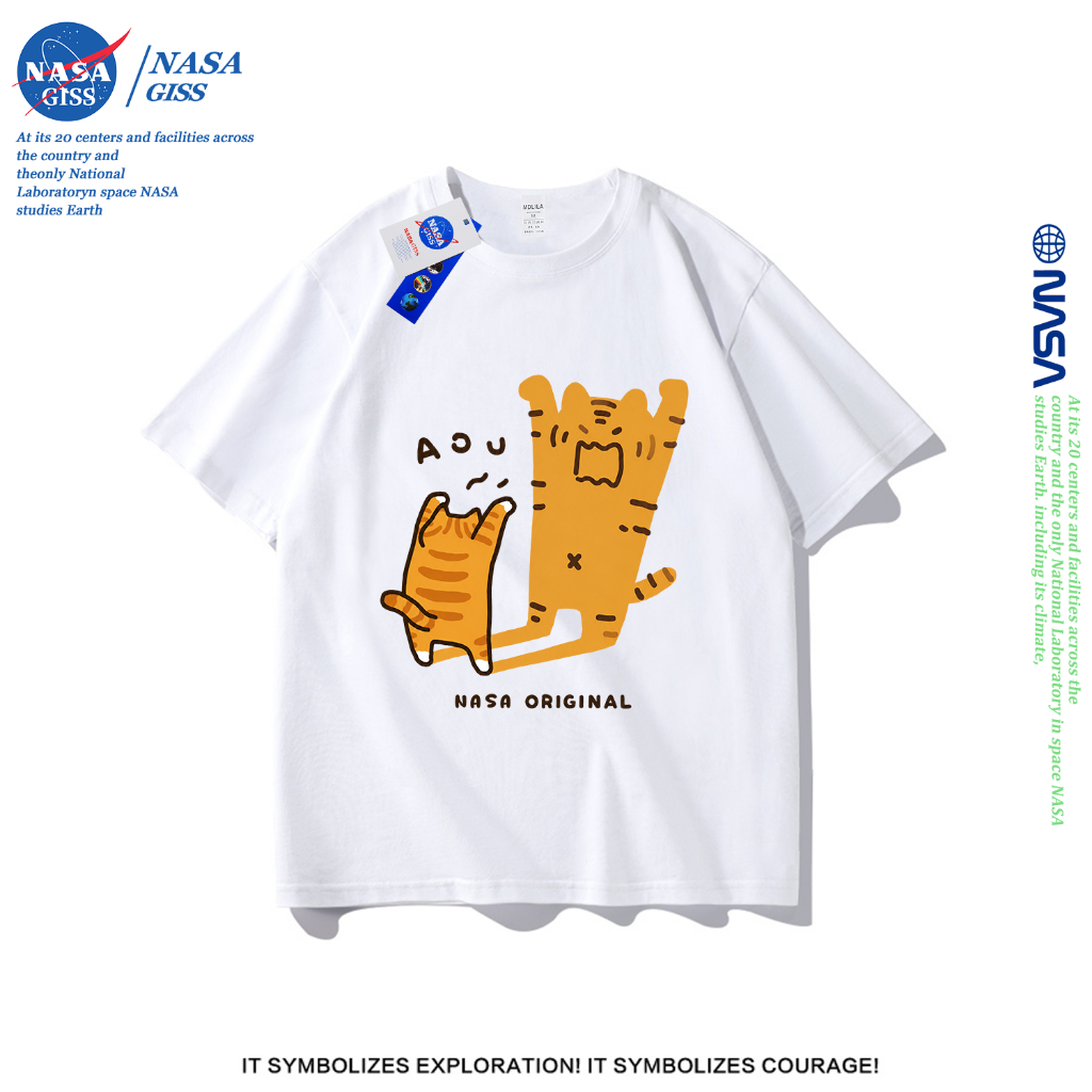 NASA เสื้อยืดชายหญิงแขนสั้น สไตล์ลำลอง summer เจ้าแมวน้อยตะโกน พิมพ์ลาย t-shirt แบบหลวม คอกลม ยับยากไม่ต้องรีด
