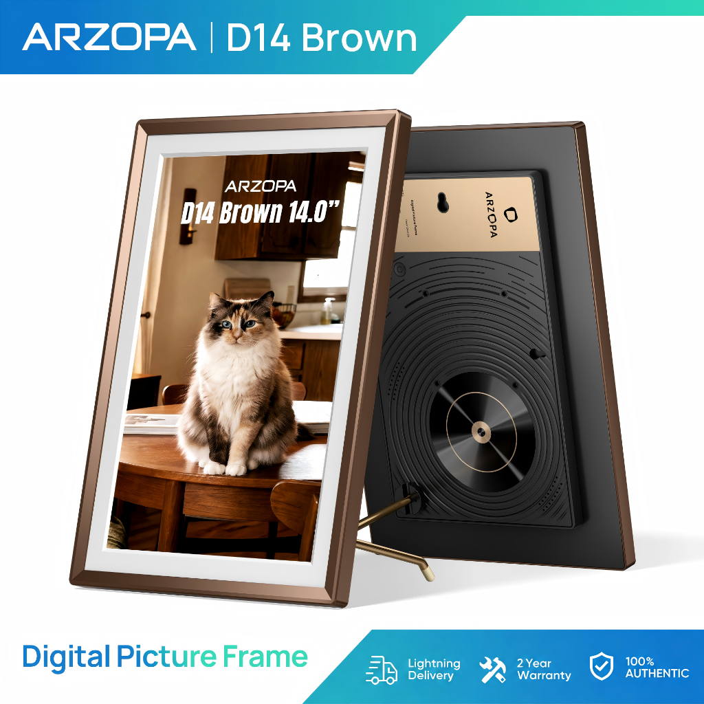 ใหม่ARZOPA 14.0" WiFi โลหะกรอบรูปดิจิตอล,หน้าจอสัมผัส HD IPS,ภาพแบ่งง่าย/วิดีโอผ่านแอปฟรี,กรอบของขวัญสมาร์ทที่กําหนดเองสําหรับครอบครัว - D14 สีน้ําตาล