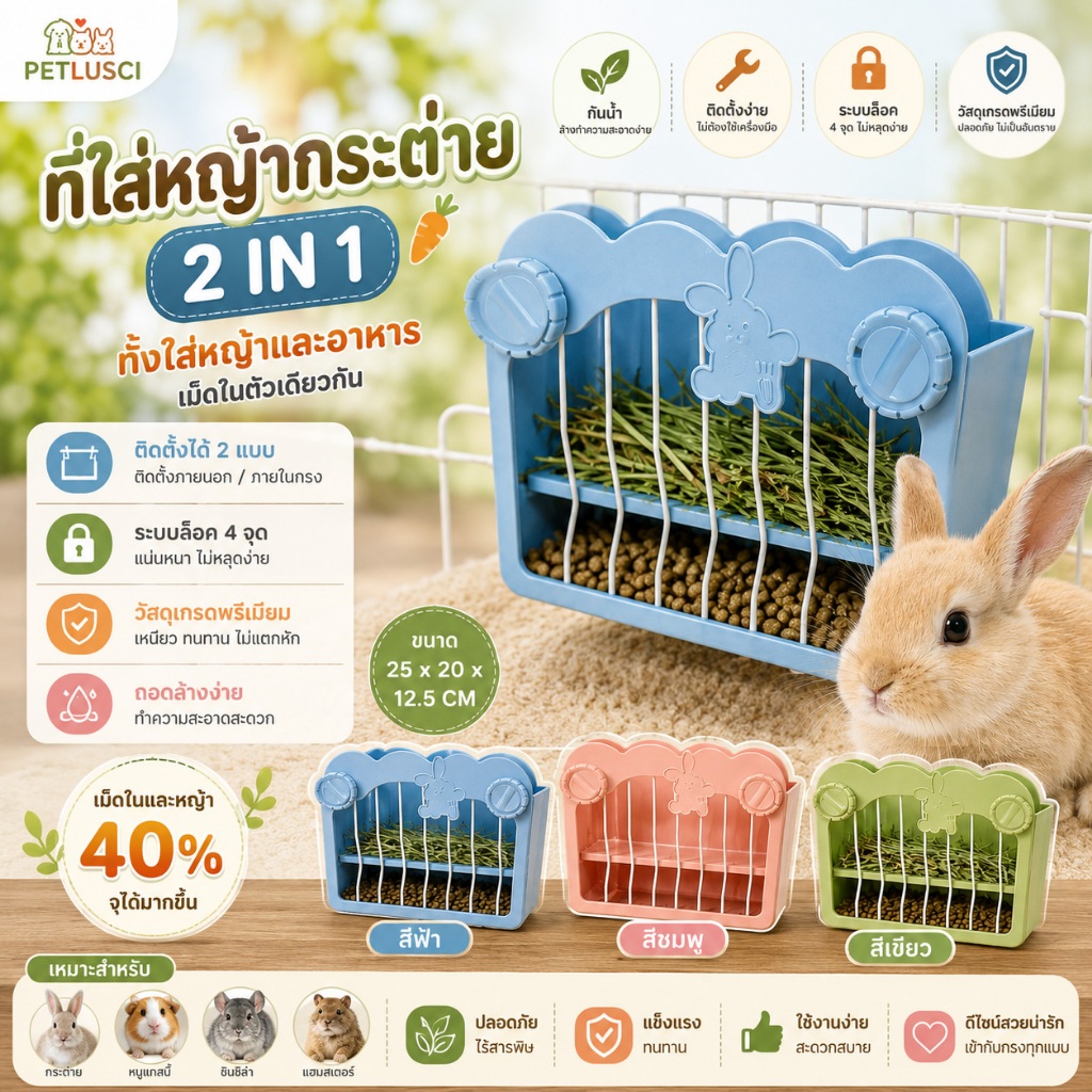 PETLUSCI® ที่ใส่หญ้ากระต่าย 2in1 รางใส่หญ้ากระต่าย ความจุสูง ชามอาหารรวมในหนึ่งเดียว เหมาะกระต่าย แกสบี้ ชินชิล่า