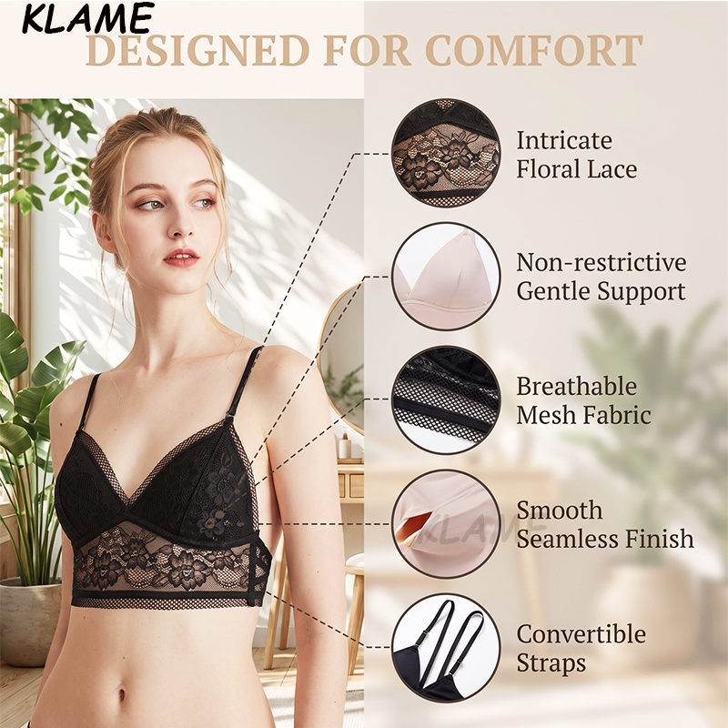 KLAME S-XL เซ็กซี่ Laze ผู้หญิง Backless ชุด Halter คอปิดไหล่สบายไร้สายบางถ้วยลูกไม้ชุดชั้นใน KLM174