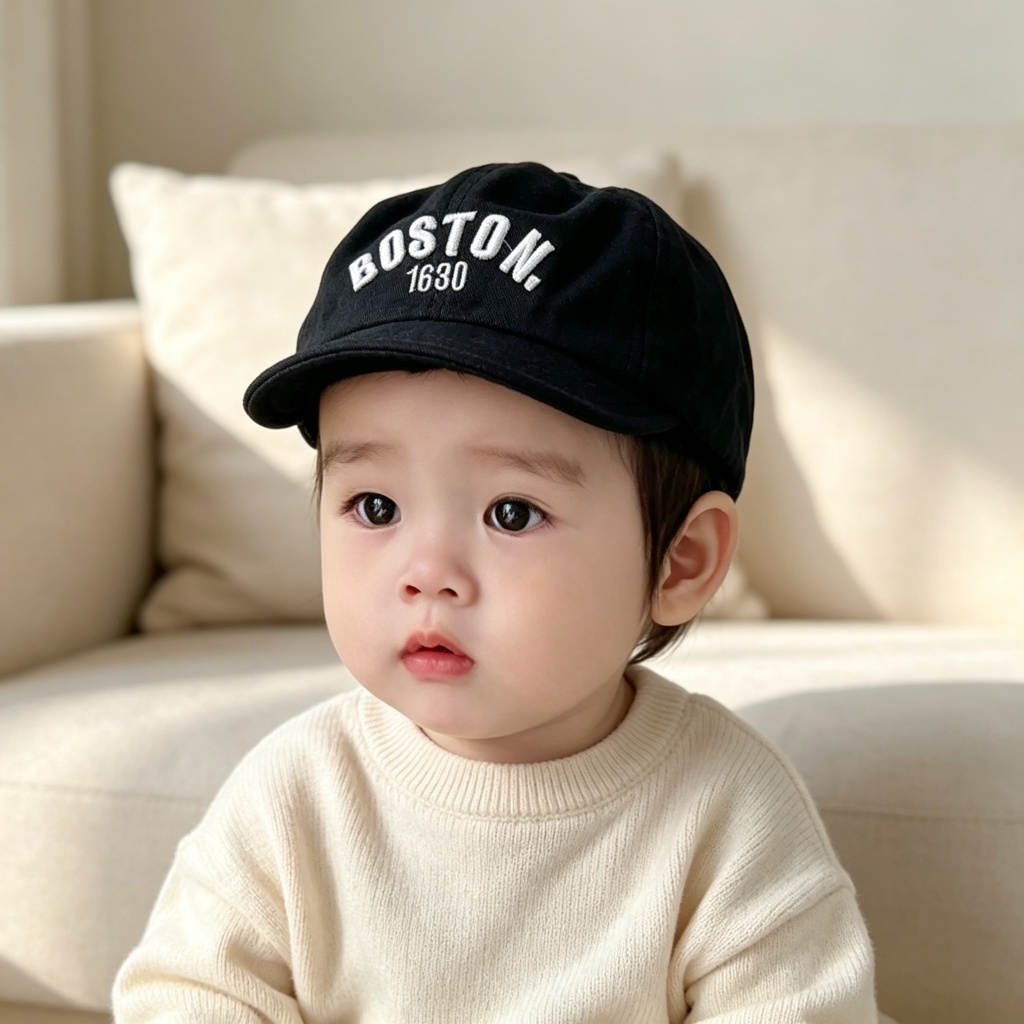 หมวกเบบี้สไตล์วินเทจ สีดำ พิมพ์ หมวกเด็กผู้ชาย/เด็กผู้หญิง น่ารักใส่ได้ทุกวัน