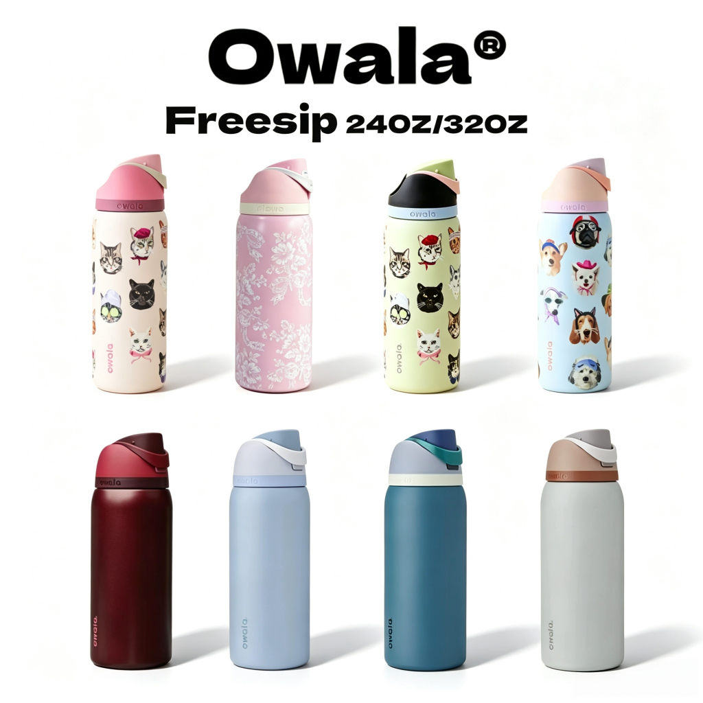 Owala FreeSip ขวดน้ําสแตนเลส 32oz 24oz – Double Wall Vacuum Leakproof Straw Chug, BPA-Free Reusable Gym Travel Camping