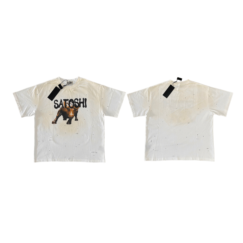 Bronze Bull Sculpture Theme Washed Splatter พิมพ์เสื้อยืดแขนสั้น Unisex Streetwear