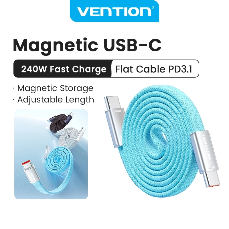 Vention 240W USB-C Magnetic Fast สายชาร์จ Self-Coiling สําหรับ Tangle-Free Storage Ultra-Slim 4.5 มม.เชื่อมต่อ E-Marker 480Mbps Data Transfer Braided สายทนทาน