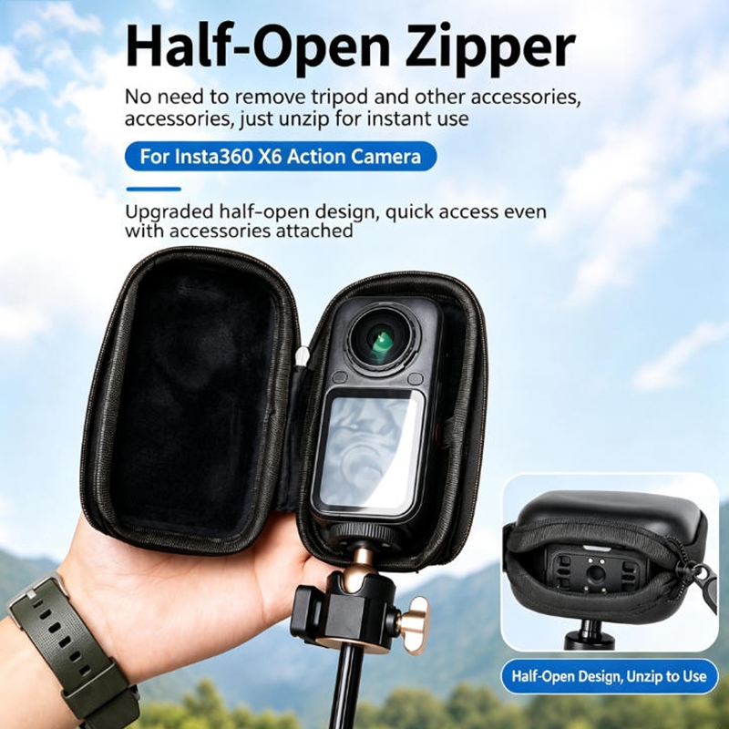 Mini เปิดกระเป๋าถือสําหรับ Insta360 X6 เลนส์ป้องกันกระเป๋าเดินทางแบบพกพาอุปกรณ์เสริม Dual-Zipper ขาตั้งกล้อง Mount Design