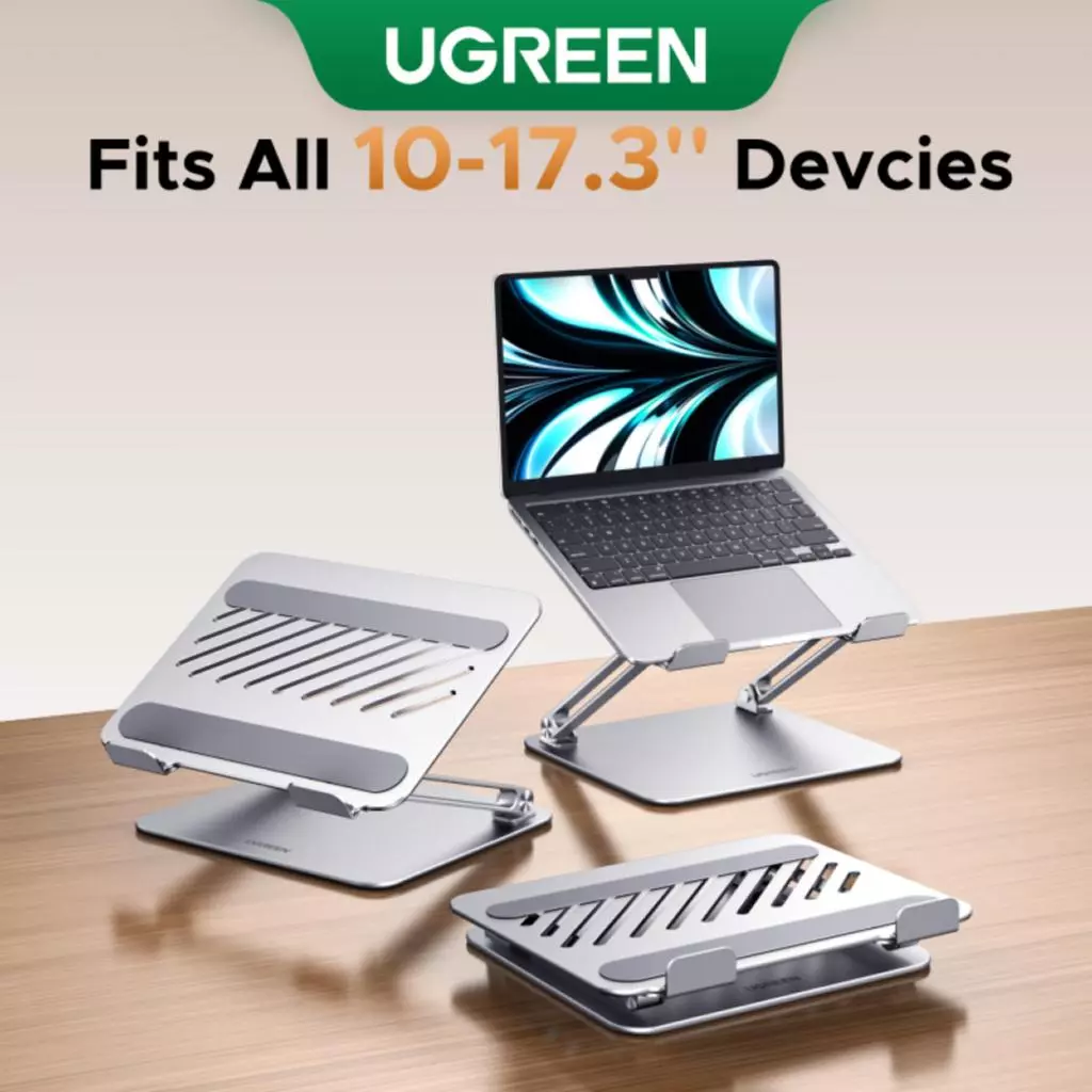 UGREEN ขาตั้งแล็ปท็อปอลูมิเนียมอัลลอยด์พร้อมข้อต่อหมุนเสริมแรงสําหรับงานหนัก,ขาตั้งแนวตั้งแบบพับได้,เหมาะสําหรับอุปกรณ์ 10-17.3 นิ้ว,สําหรับ Macbook Pro Macbook Air Pro