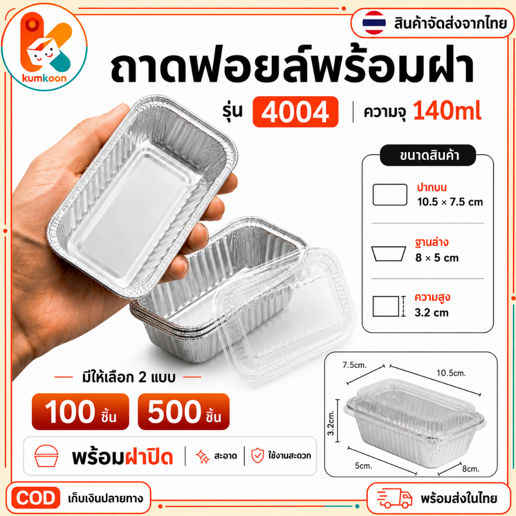 ถาดฟอยล์ 4004 พร้อมฝาใส 140ml 100/500 ชิ้น ทรงสี่เหลี่ยม สำหรับขนม อาหาร เบเกอรี่ ส่งจากไทย COD
