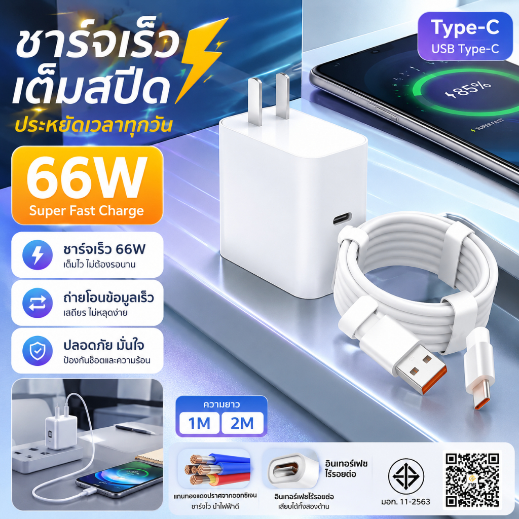 สายชาร์จ Type-C 66W Super Fast Charge สำหรับ Honor X7 X7A X7c X8 X8A X8B X9 X9A X9B 4G 5G ยาว 1M 2M 