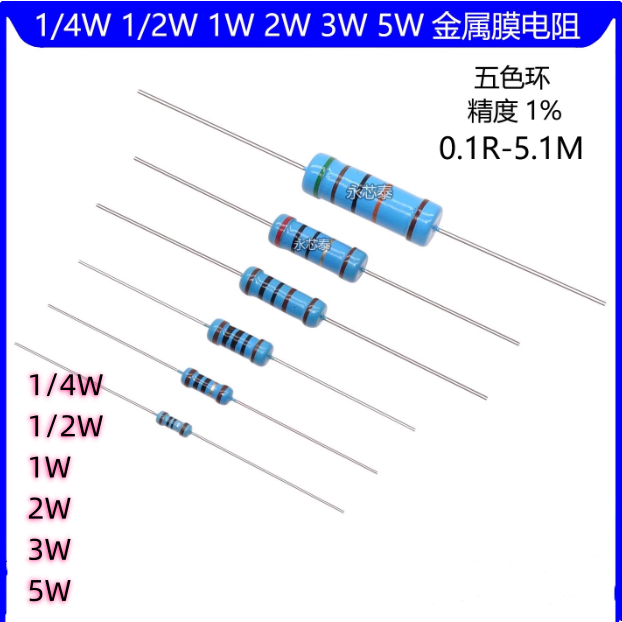 5PCS โลหะตัวต้านทานฟิล์มสีฟ้า 3W 1R-1M 2.4R 3.6R 4.7R 10R 20R 22R 24R 27R 30R 33R 36R 39R 43R 47R 51