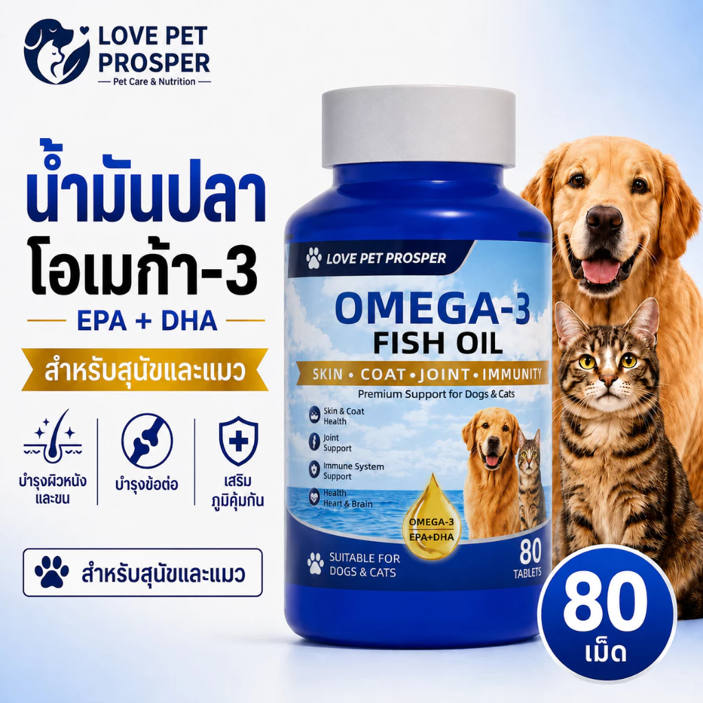 Love Pet Prosper น้ำมันปลา Omega 3 สำหรับสุนัขและแมว แคปซูลน้ำมันปลา ดูแลผิวและขน เสริมการดูแลประจำวัน 80 เม็ด พร้อมส่งไทย เก็บเงินปลายทาง