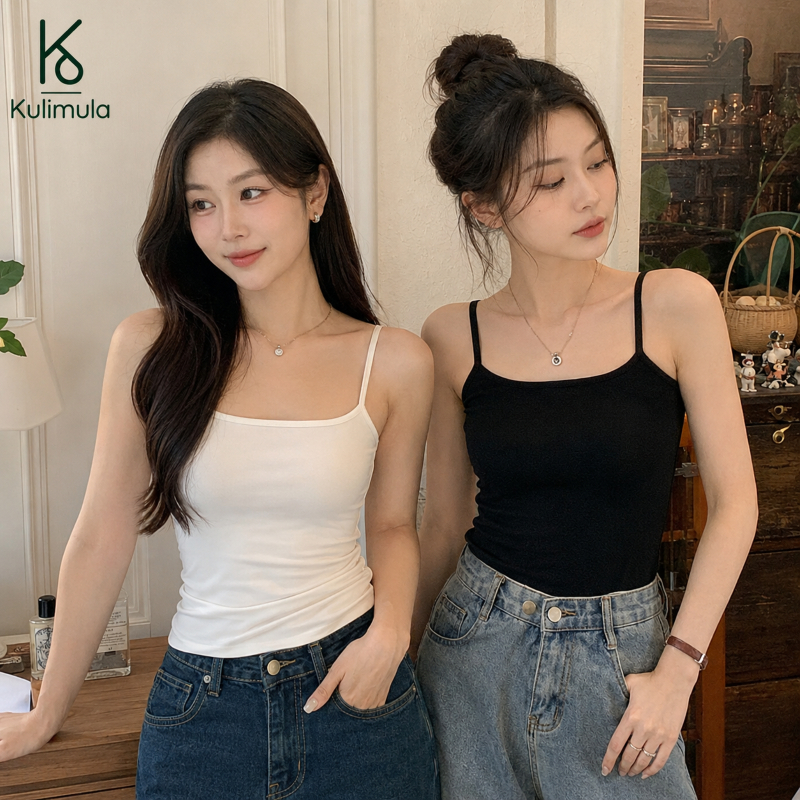 KULIMULAเสื้อกล้ามสายบางคอสี่เหลี่ยม มี2เฉดสีดำ/ขาว ผ้าลายร่องยืดนุ่ม สวมซ้อนหรือสวมเดี่ยวได้ทุกวัน W74