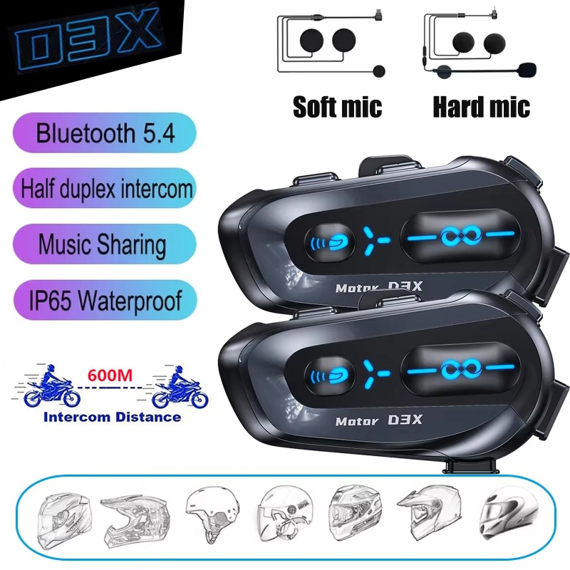 🚚ท้องถิ่น🚚 D3X ชุดหูฟังอินเตอร์คอมแบบ Half-Duplex ระยะ 600 เมตร สำหรับติดหมวกกันน็อคมอเตอร์ไซค์ บลูท