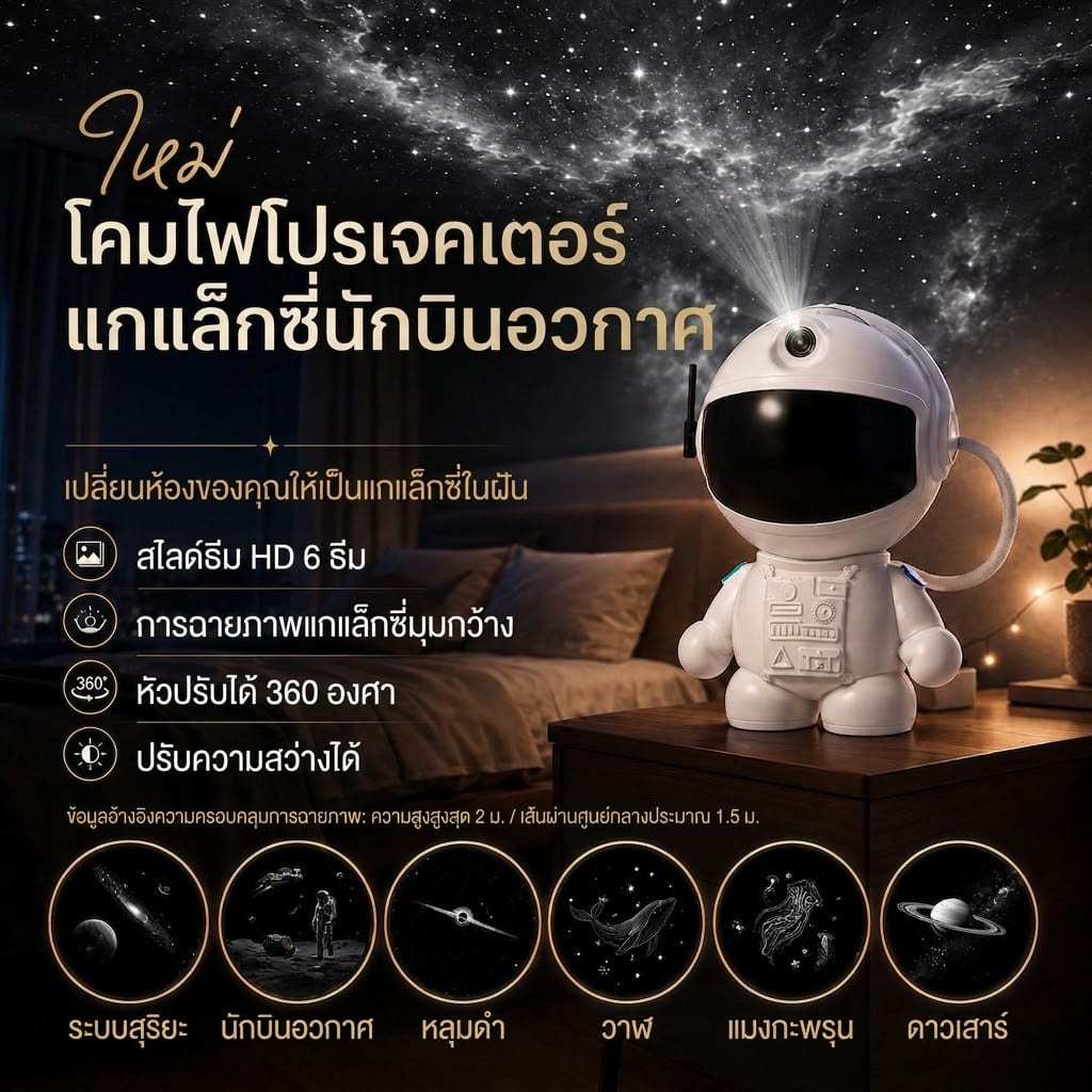 👨‍🚀 โคมไฟโปรเจคเตอร์นักบินอวกาศ ไฟกลางคืน ฟิล์ม 6 แผ่น ตั้งเวลาปิดอัตโนมัติ ของขวัญเด็ก ห้องนอน