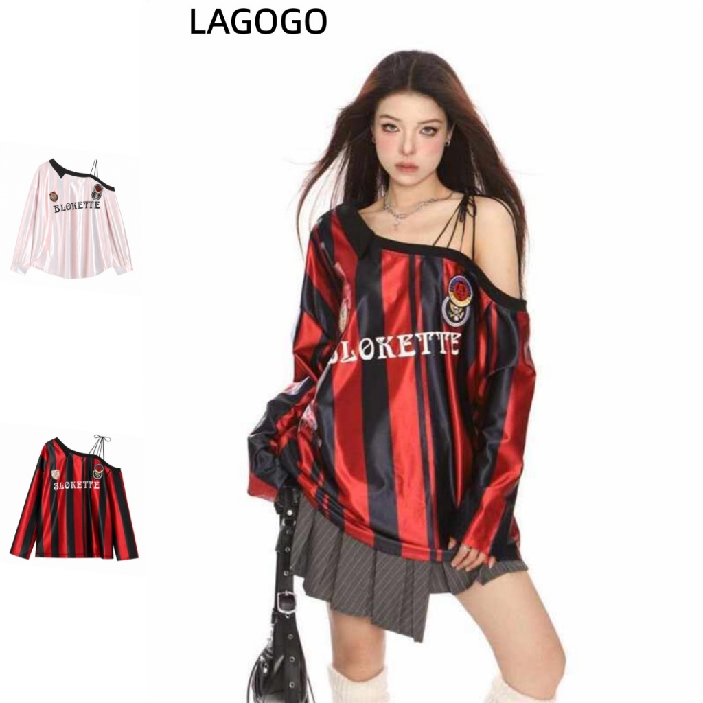 American Retro Milan Jersey Style Womens Cross-body Sweatshirt Laced-up Strapless Long Sleeves