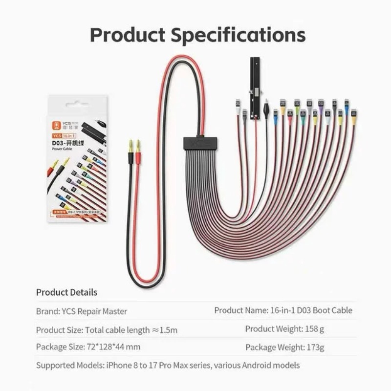 YCS D01 D02 D03 แบตเตอรี่ทดสอบสายไฟเปิด/การตรวจจับการชาร์จสําหรับ iPhone 8-17 Pro Max โทรศัพท์ Android เมนบอร์ดซ่อมคลิปสาย