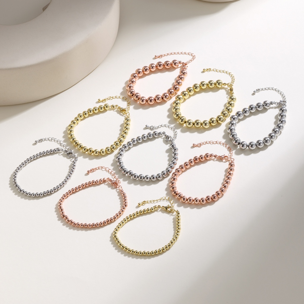 3‐สีกลวงสร้อยข้อมือลูกปัดทองแดง4/6/8มิลลิเมตรชุบรอบบอลสร้อยข้อมือลูกปัดปรับโซ่ เรียบง่าย ซ้อนเครื่องประดับของขวัญส