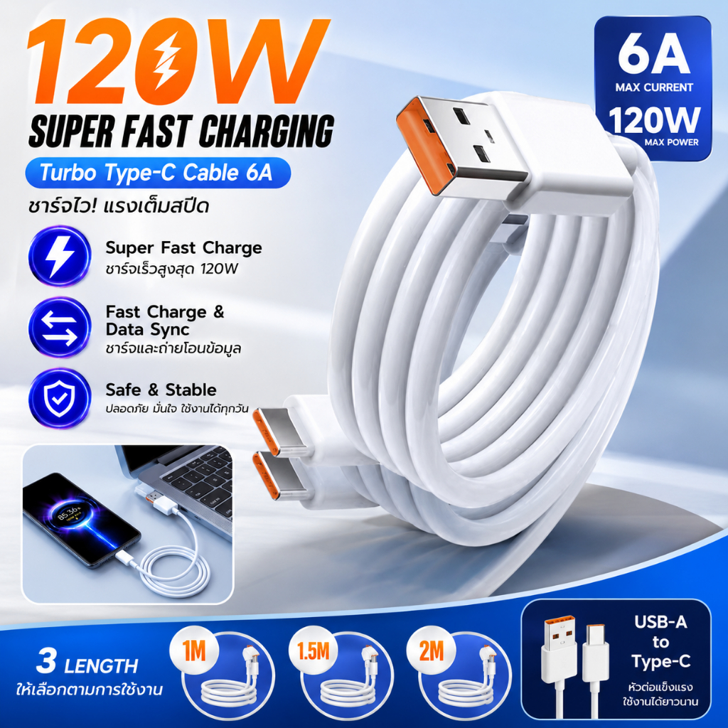 สายชาร์จ Xiaomi Turbo 120W Type-C กระแสสูงสุด 6A ชาร์จเร็วและโอนข้อมูล รองรับ POCO X3 Pro F4 F5 F6 F