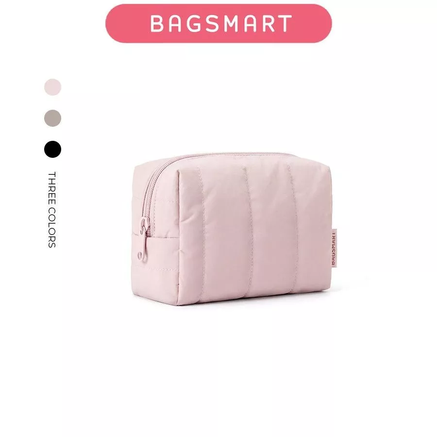 BAGSMART Quilted Makeup Bag Puffy Cushion Cosmetic Pouch Wide-open Travel Toiletry Organizer Case กระเป๋ากันน้ํา
