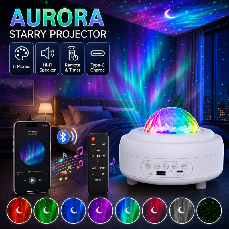 แสงโปรเจคเตอร์ Aurora Galaxy Starry Sky พร้อมลําโพงบลูทูธ, โหมดแสง 8 โหมดโคมไฟฉาย Moon Galaxy, USB ชาร์จแสงโดยรอบ Starry Sky สําหรับห้องนอน