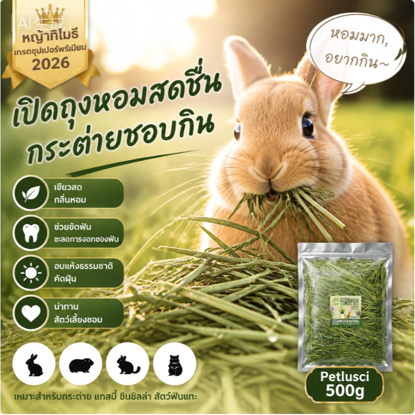 Timothy หญ้าทิโมธีอบหญ้าอบลมร้อน หญ้าอบแห้งกระต่าย ทิโมธ็ไฟเบอร์สูง500G ขนมกระต่ายเหมาะสำหรับสัตว์ฟันแทะ
