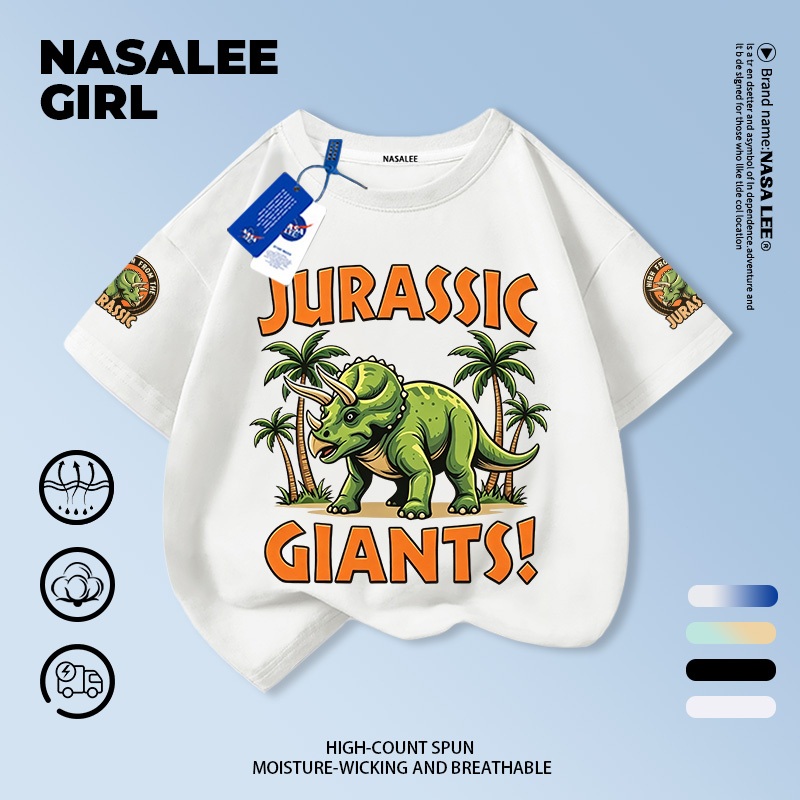 【สไตล์คลาสสิก】เสื้อยืดเด็ก NASA สีขาว ลายไดโนเสาร์จูราสสิก 3-16 ปี เด็กผู้ชาย สไตล์เท่