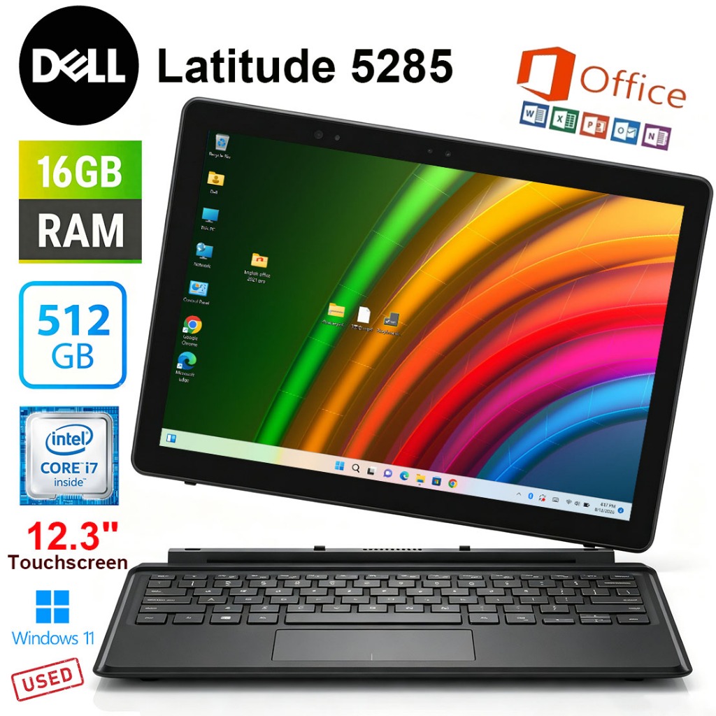 ใช้ Dell Latitude 5285 2-in-1 แท็บเล็ตพีซี 12.3 "FHD+ หน้าจอสัมผัส Intel i7-7600U 16GB RAM 512GB SSD