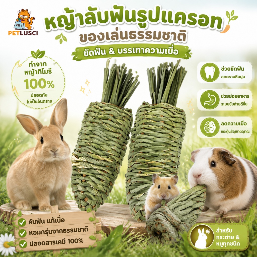 PETLUSCI® ของเล่นสัตว์เลี้ยง หญ้าลับฟันรูปแครอท ทําด้วยมือ ทอผ้า ของเล่นกระต่าย ฟันกรามลดกัดกรง ปลอดภัย ธรรมชาติไม่ฟอกขาว