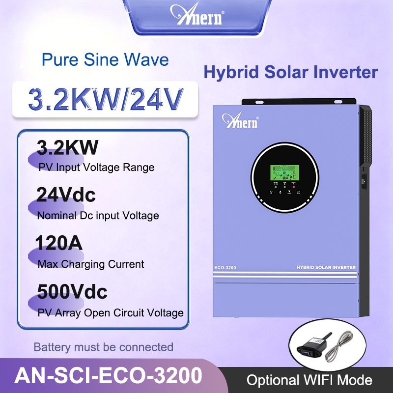 Anern 3KW/4.2KW Hybrid Inverter 24V Pure Sine Wave อินเวอร์เตอร์นอกตาราง 230Vac Solar Inverter ในตัว 120A Solar Charge Controller 500VDC Max. อินพุต PV