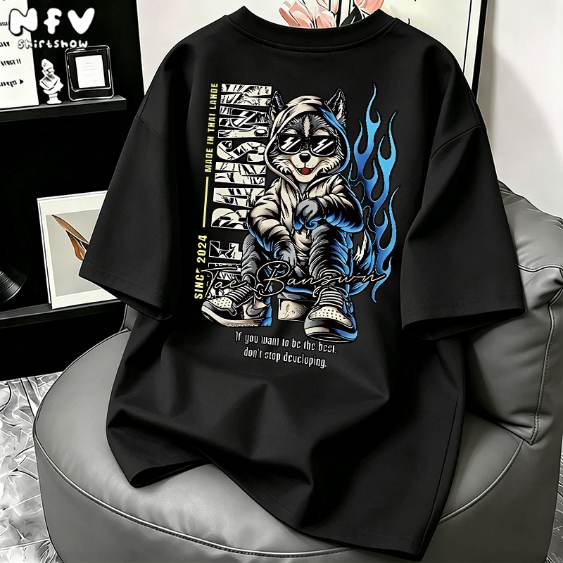 NFV เสื้อยืดสุนัขออกแบบใหม่ ผ้าฝ้าย 100% นุ่มสบาย ทรงโอเวอร์ไซซ์ คอกลมแขนสั้น ลายพิมพ์สุดเท่ T-shirt YG1078