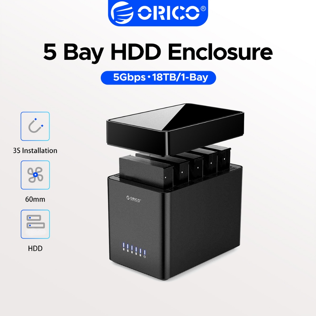 ORICO 5 Bay HDD Enclosure USB3.0 5Gbps ฮาร์ดไดรฟ์ภายนอก Dock 2.5/3.5 นิ้ว SATA Hard Disk Case เครื่องมือแม่เหล็กฟรีติดตั้งในตัวพัดลมเงียบ Desktop Storage