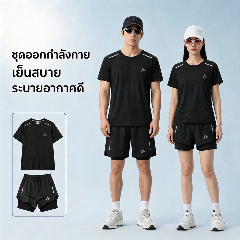 Ice Sense Quick-Drying Short-Sleeved + Double-Layer Lining Shorts Plus Size Sports Suit Couple Style Cycling Night Running Home Leisure Multi @
