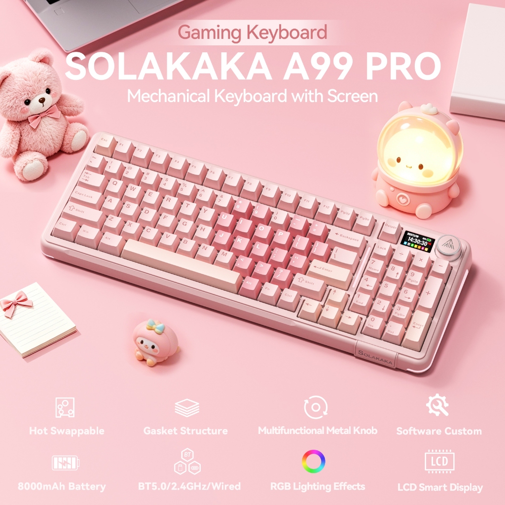 SOLAKAA A99PRO คีย์บอร์ดไร้สายหน้าจอ LCD Hot Swap RGB 97 คีย์ BT5.0/2.4G/USB-C สีชมพูครีมเสียง