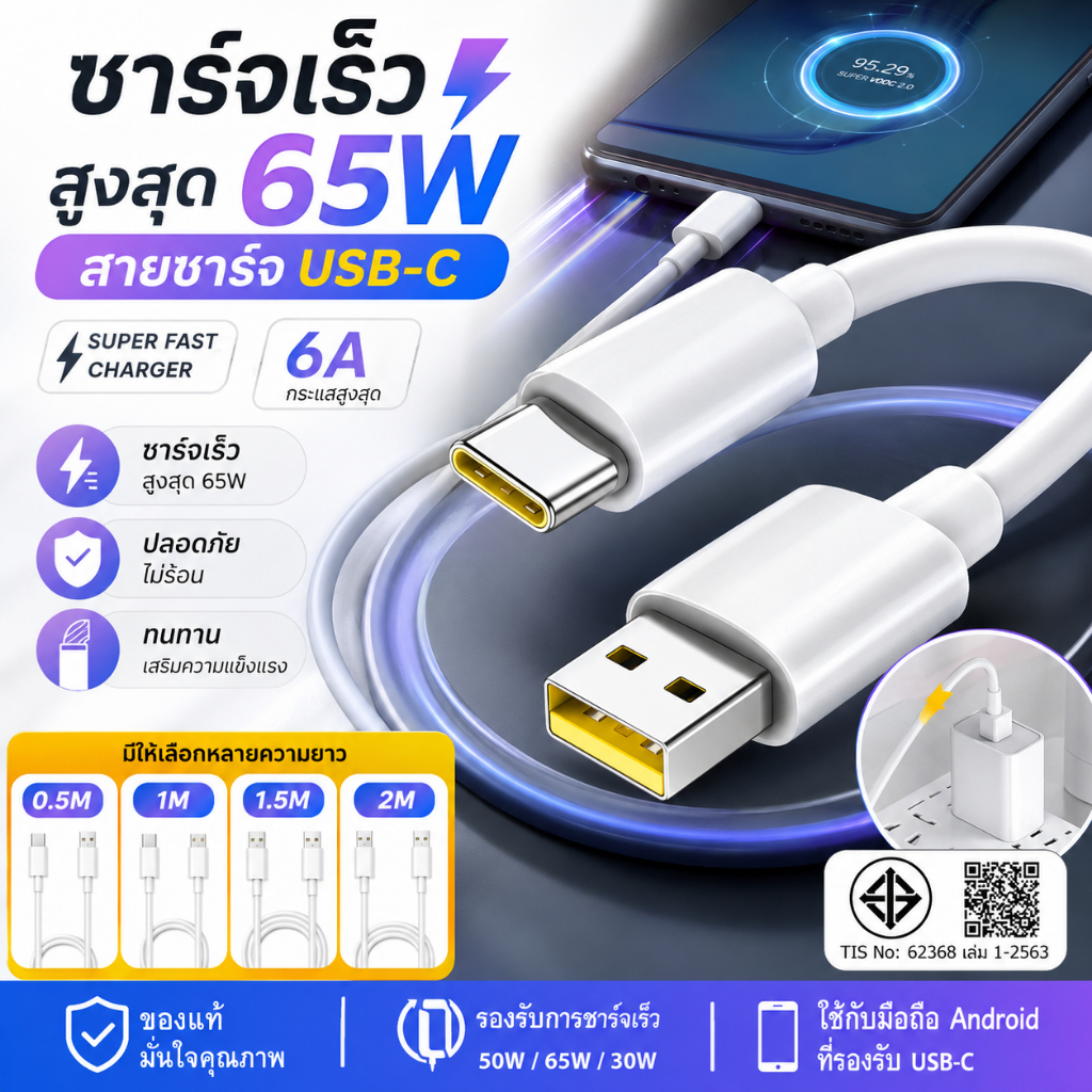สายชาร์จเร็ว USB-C สีขาว 6.5A Type-C รองรับการชาร์จเร็วสูงสุด 65W สําหรับสมาร์ทโฟน Android / Realme 