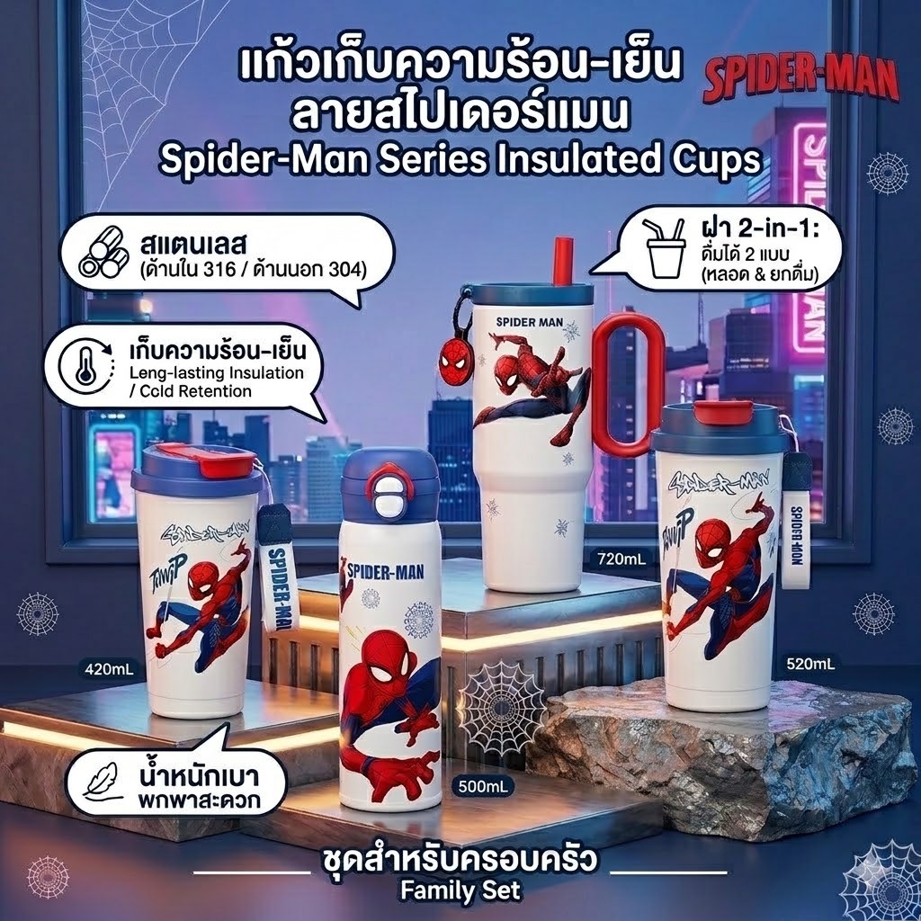 แก้วน้ําสูญญากาศสไปเดอร์แมนลิขสิทธิ์ 4 ขนาด 420/500/520/720มล ถ้วยน้ํากีฬากันรั่ว