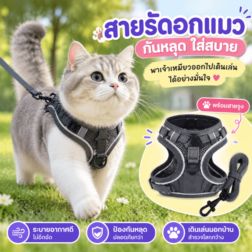สายรัดอกแมว พร้อมสายจูง กันหลุด ปรับได้ ระบายอากาศดี ใส่สบาย สำหรับแมวพันธุ์เล็ก พาเดินเล่นนอกบ้าน