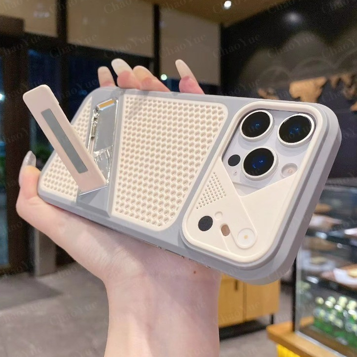 รังผึ้งระบายความร้อนเลนส์ที่ถอดออกได้เคสโทรศัพท์เข้ากันได้สําหรับ ไอโฟน 11 12 13 14 15 16 17 มือโปร สูงสุด พร้อมขาตั้งแบบพับได้และเคสแข็งกันกระแทกกันชนฝาหลังปลอก