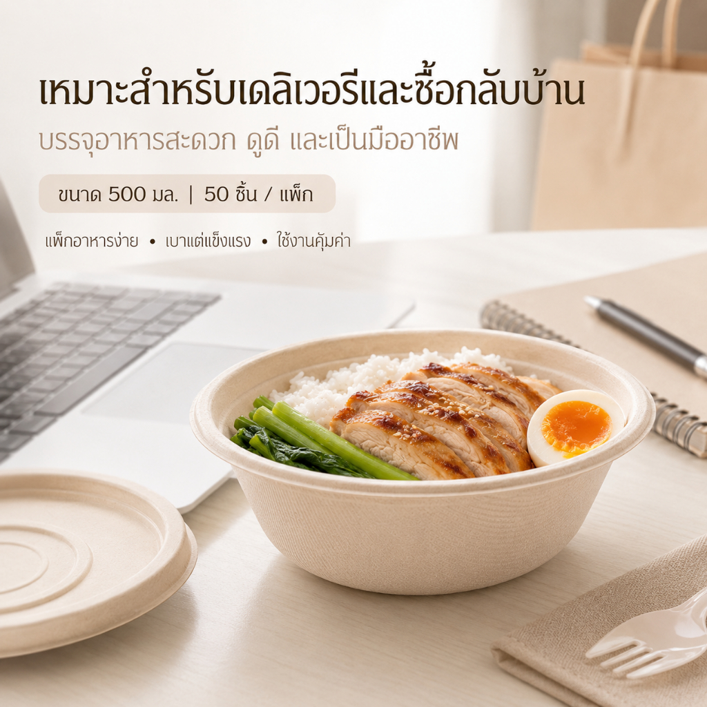 Joyful Ocean ชามเยื่อชานอ้อย 100% ย่อยสลายได้ ขนาด 500/946 มล. ภาชนะใส่อาหารแบบใช้แล้วทิ้ง เกรดอาหาร เป็นมิตรต่อสิ่งแวดล้อม ทนน้ำและน้ำมัน เข้าไมโครเวฟได้
