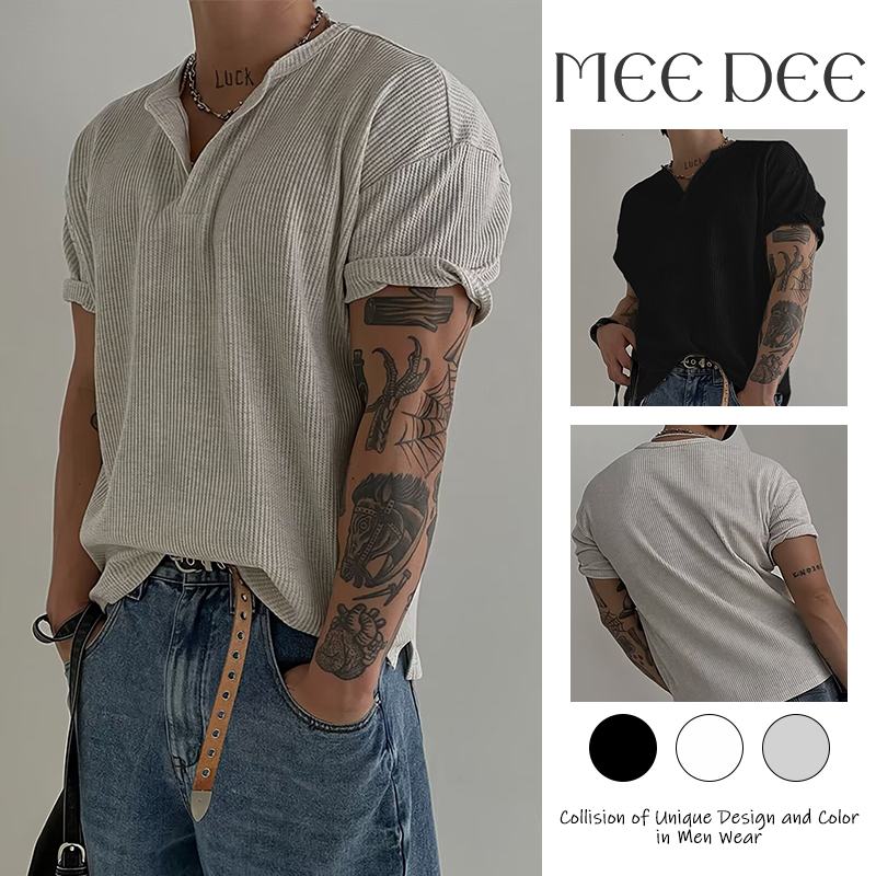 ผู้ชายวาฟเฟิล Henley คอเสื้อแขนสั้นลําลองหลวม Textured ฤดูร้อน Top