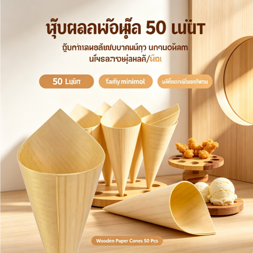 🎉 50 ชิ้น กรวยไม้ไผ่ / ไม้จิ้มอาหาร ทรงกรวยใส่ของทอด ไอศกรีม ถ้วยกระดาษ/ไม้ คาเฟ่ งานแต่ง งานปาร์ตี้ สไตล์มินิมอล